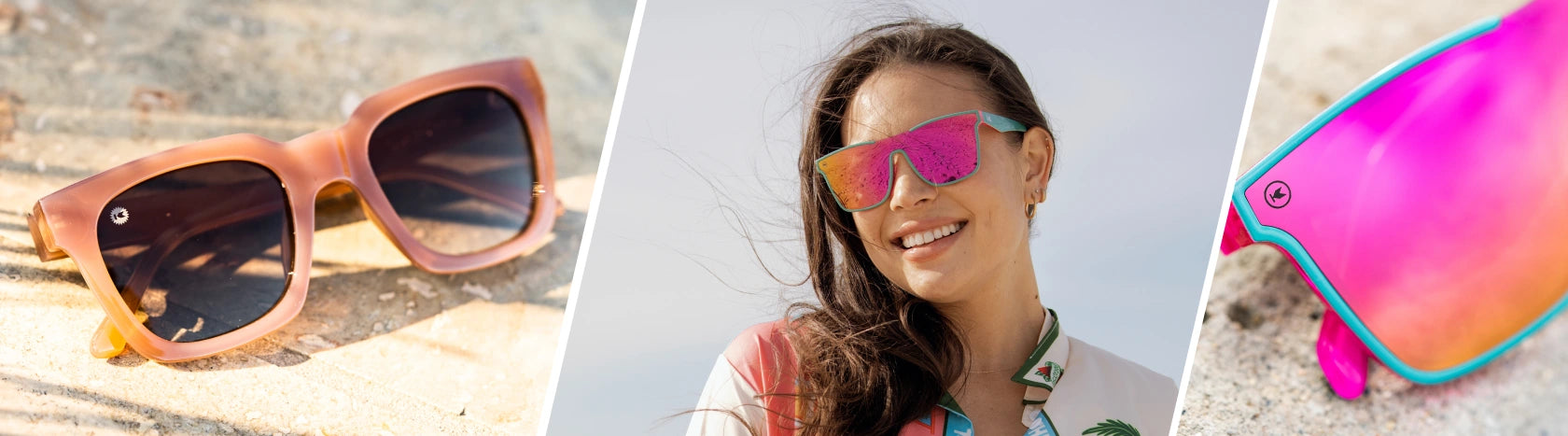 Pink Square Sunglasses. Lifestyle photo of Vintage Rose Songbirds and Miami Afters Sunglasses, Women wearing Miami Afters Sunglasses