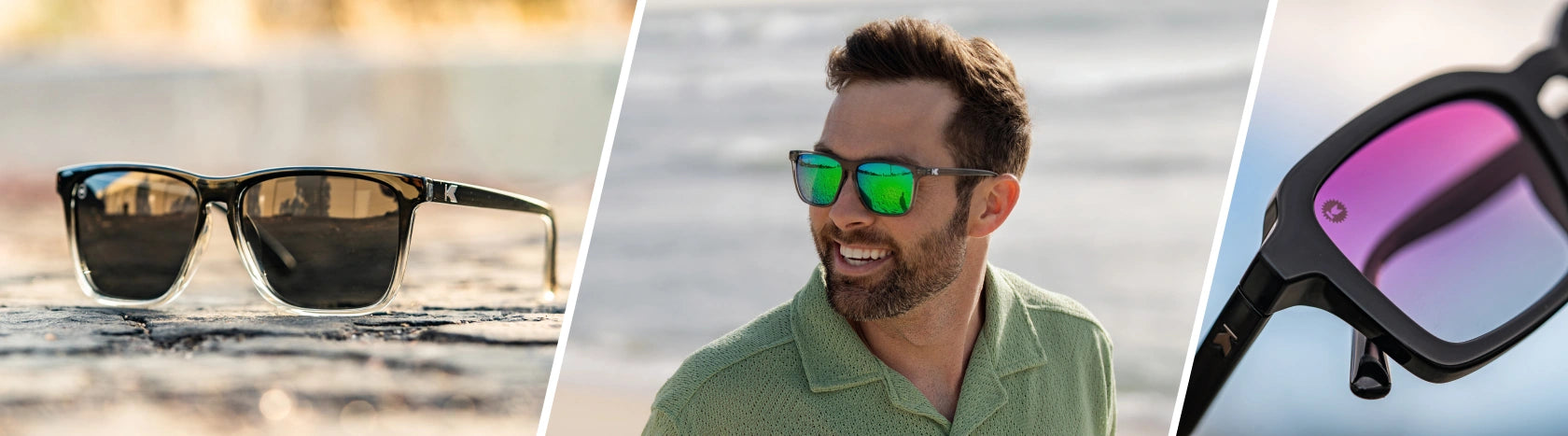 Polarized Sunglasses Under $40. Lifestyle photo of Obsidian Fast Lanes and Persuasion Panoramas Sunglasses, Men wearing Clear Grey / Green Moonshine Fast Lanes Sport Sunglasses