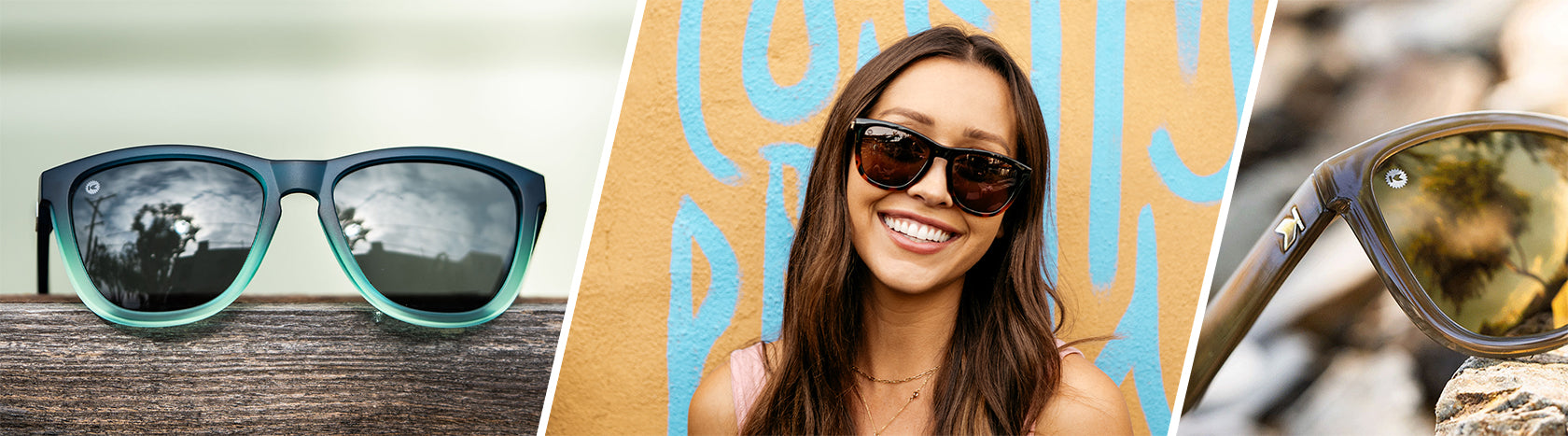 Women wearing Glossy Black and Tortoise Shell Fade / Amber Sunglasses, and Lifestyle Photo of Rising Tide Premiums and Riverbed Premiums Sunglasses