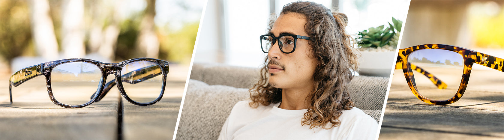 Lifestyle Photo of Granite Tortoise Shell FAST LANES Rx and Amber Ink FAST LANES Rx Sunglasses, and Man wearing Black on Black PREMIUMS Rx Sunglasses