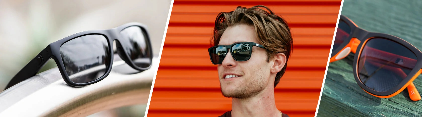Prescription Fishing Sunglasses. Lifestyle photo of Black on Black Torrey Pines Sport Prescription Sunglasses and Baltimore Orioles Premiums Sport Prescription Sunglasses, Men wearing Jelly Black Fast Lanes Sport Prescription Sunglasses