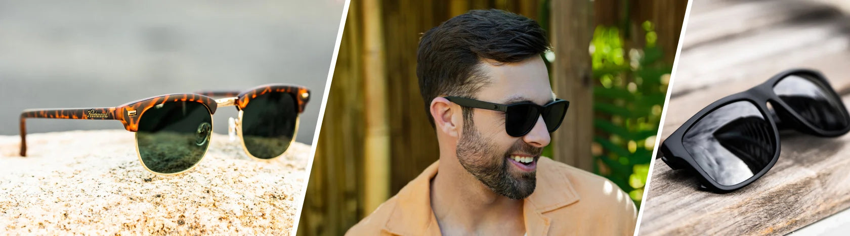 Prescription Golf Sunglasses. Lifestyle photo of Matte Tortoise Shell & Gold Brooklines and Black on Black Torrey Pines Sport Prescription Sunglasses, Men wearing Black on Black Premiums Prescription Sunglasses