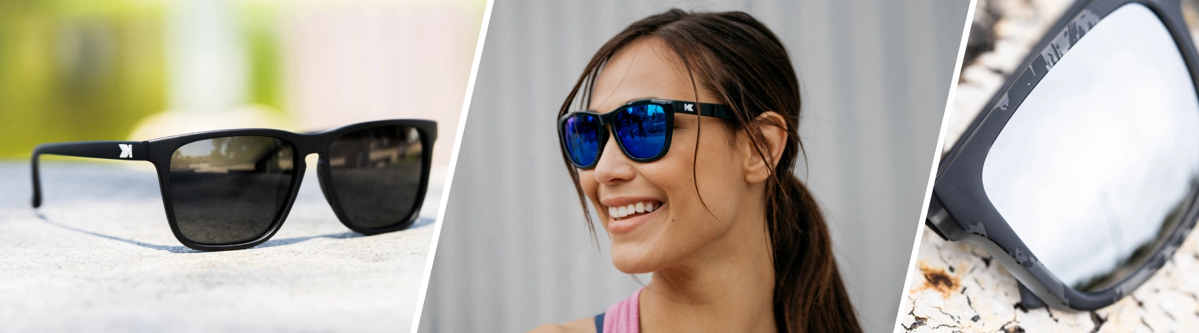 Prescription Sport Sunglasses. Lifestyle photo of Black / Smoke Fast Lanes Sport with Grey Lens and Ford F150 Torrey Pines Prescription Sunglasses with Silver Lenses, Women wearing Jelly Black Premiums Sport Prescription Sunglasses