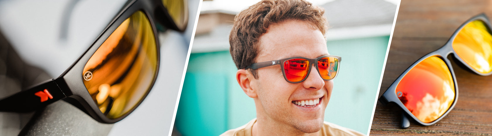 Red Tinted Sunglasses. Lifestyle photo of Matte Black / Red Sunset Torrey Pines and Fast Lanes Sunglasses, Men wearing Frosted Grey / Red Sunset Classics Sunglasses