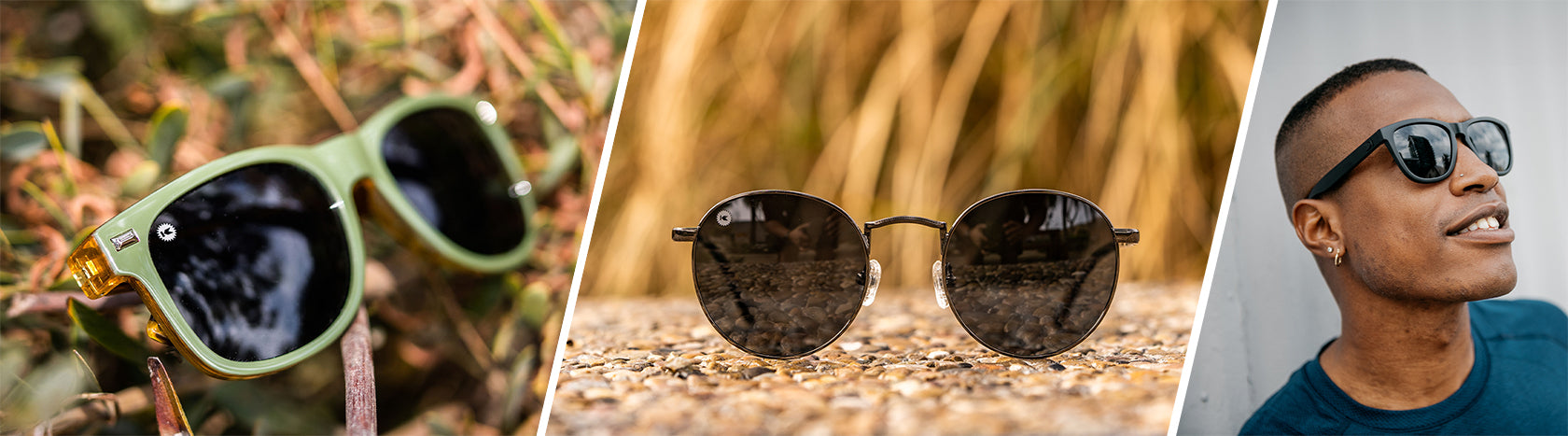 Round Sunglasses for Men: Lifestyle photo of Coyote Calls Fort Knocks and Love & Haights Sunglasses, Men wearing Black on Black Premiums Sunglasses