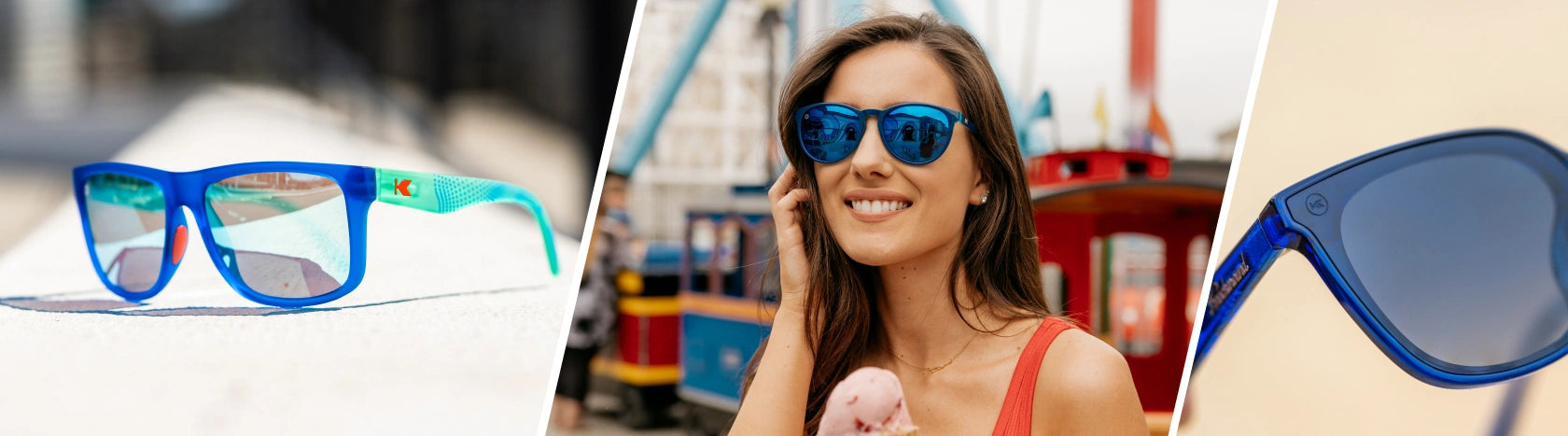 Royal Blue Sunglasses. Lifestyle photo of Hill Charge Torrey Pines Sport and Eclipse Cloud Catchers Sunglasses, Women wearing Blueberry Geode Mai Tais Sunglasses