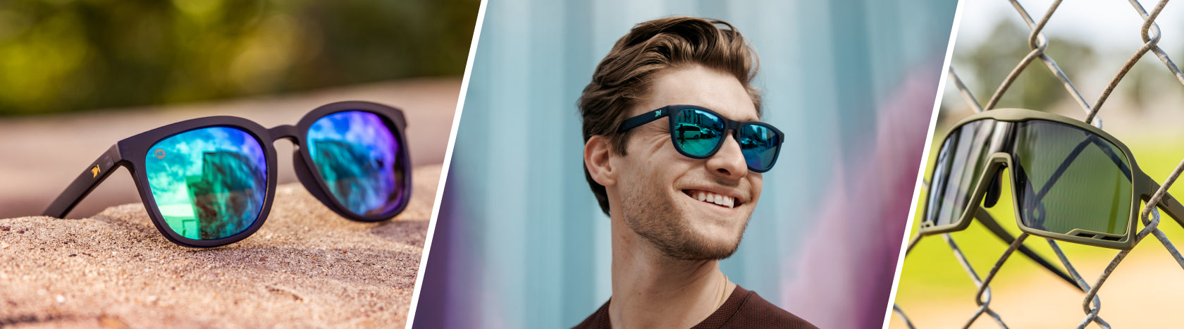 Rubberized Sunglasses. Lifestyle photo of Rubberized Navy Rider Paso Robles and Full Focus Campeones Sunglasses, Men wearing Rubberized Navy / Mint Premiums Sport Sunglasses