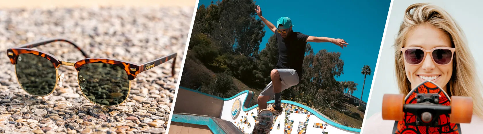 Skate Sunglasses. Lifestyle photo of Matte Tortoise Shell & Gold Brooklines Sunglasses, Women wearing Vintage Rose Paso Robles and men wearing Knockaround Sunglasses