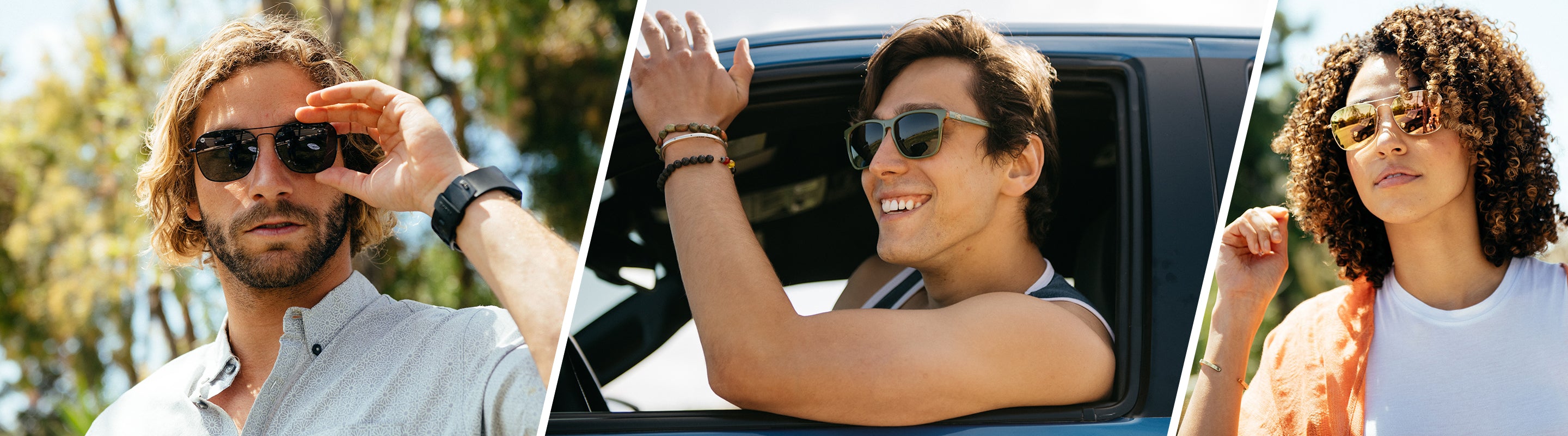 Square Sunglasses: Two men and a woman wearing Knockaround sunglasses