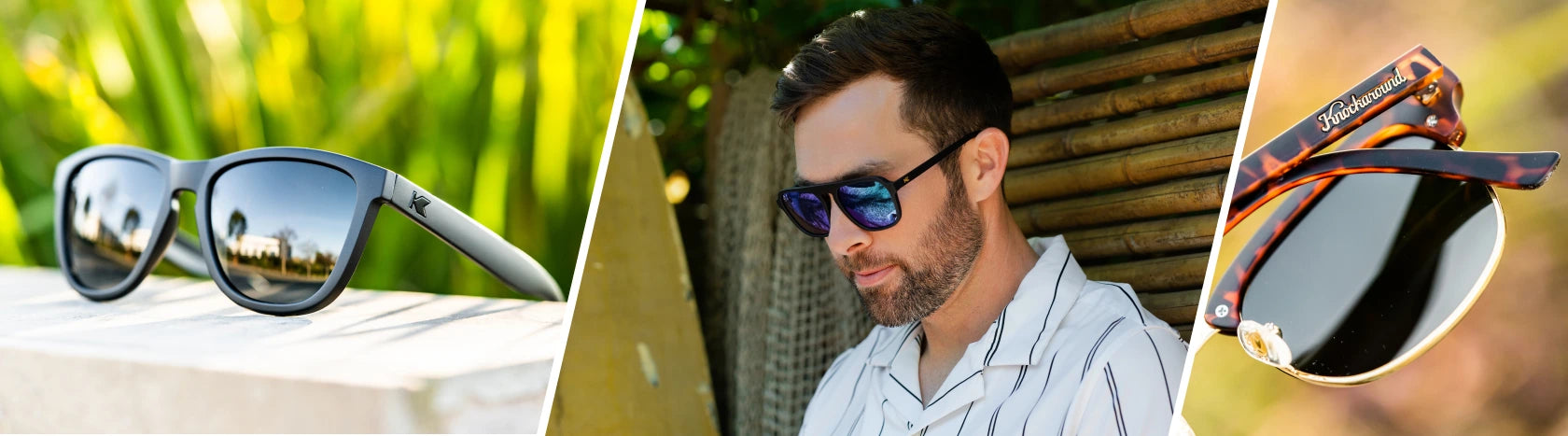 Stylish Sunglasses for Men. Lifestyle photo of Black on Black Premiums and Matte Tortoise Shell & Gold Brooklines Sunglasses, Men wearing Rubberized Navy Rider Pacific Palisades Sunglasses