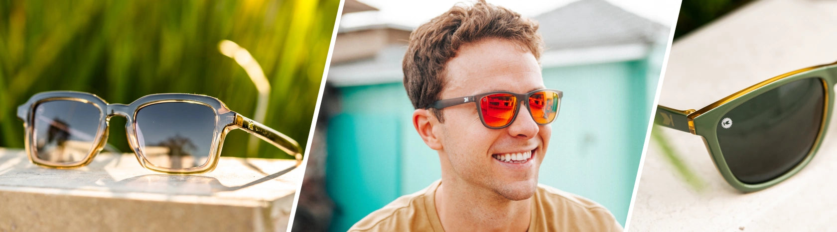 Sunglasses $28 & Under. Lifestyle photo of Cortado Panoramas and Coyote Calls Classics Sunglasses, Men wearing Frosted Grey / Red Sunset Classics Sunglasses