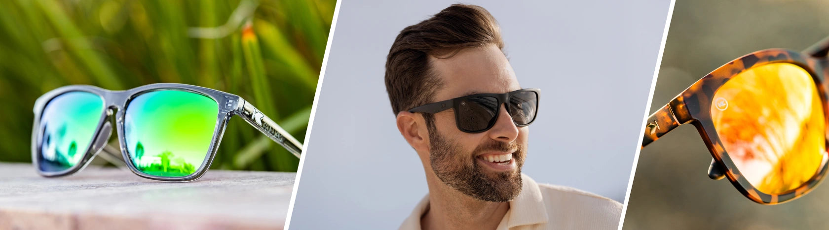 Sunglasses for Large Heads. Lifestyle photo of Clear Grey / Green Moonshine Fast Lanes Sport and Matte Tortoise Shell / Rose Gold Deja Views Sunglasses, Men wearing Black on Black Torrey Pines Sunglasses