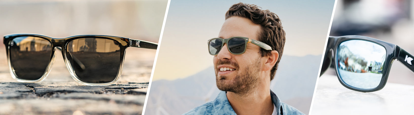 Sunglasses For Big Heads: Lifestyle photo of Obsidian Fast Lanes and Jelly Black / Sky Blue Torrey Pines Sport Sunglasses, Men wearing Coyote Calls Fort Knocks Sunglasses