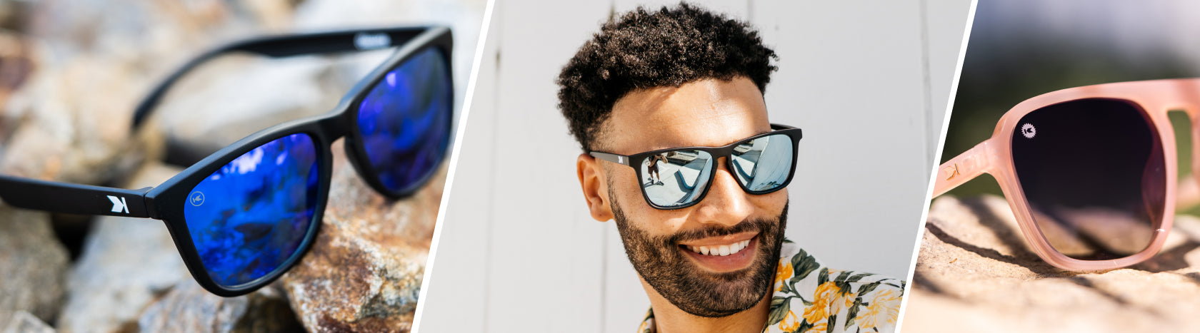 Sunglasses with UV400 Protection. Lifestyle photo of Black / Moonshine Classics and Vintage Rose Pacific Palisades Sunglasses, Men wearing Jelly Black / Sky Blue Fast Lanes Sport Sunglasses