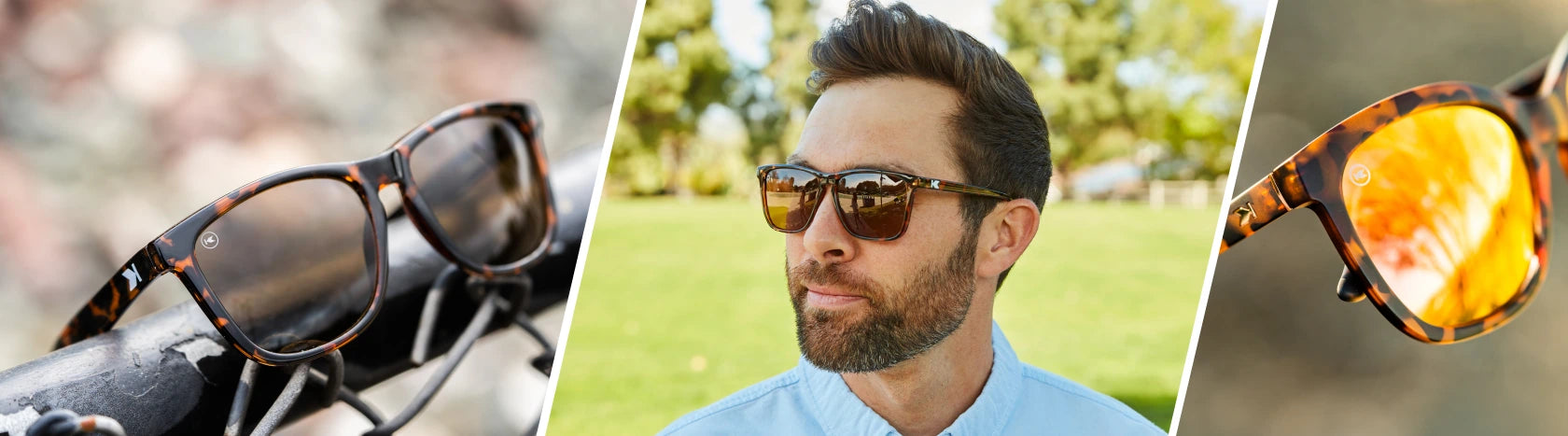 Tortoise Shell Sunglasses. Lifestyle photo of Glossy Tortoise Shell / Amber Classics and Matte Tortoise Shell / Rose Gold Deja Views Sunglasses, Men wearing Glossy Tortoise Shell / Amber Fast Lanes Sunglasses