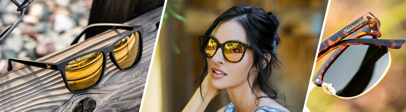 Uv400 Polarized Sunglasses. Lifestyle photo of Black Gold Fast Lanes and Matte Tortoise Shell & Gold Brooklines Sunglasses, Women wearing Matte Tortoise Shell / Rose Gold Deja Views Sunglasses