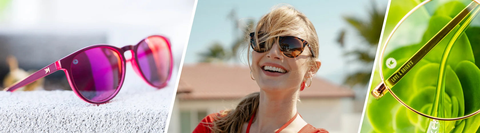 Women's Round Sunglasses. Lifestyle photo of Watermelon Geode Mai Tais and Fernside Lovee & Haights Sunglasses, Women wearing Glossy Tortoise Shell / Amber Mai Tais Sunglasses