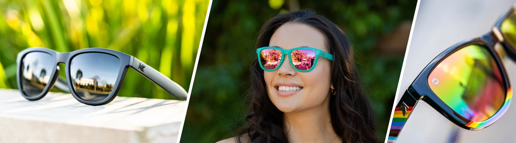 Womens Premiums Sunglasses. LIfestyle photo of Black on Black Premiums and Rainbow on My Parade Premiums Sunglasses, Women wearing Aquamarine / Fuchsia Premiums Sport Sunglasses