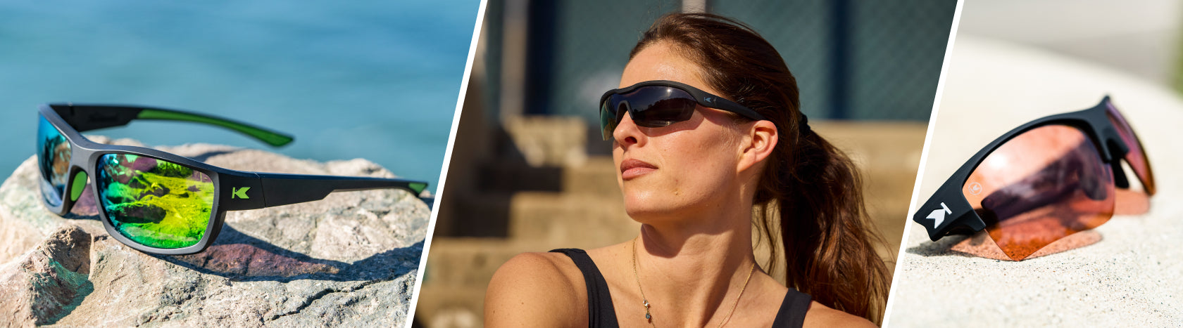 Womens Wraparound Sunglasses. Lifestylep photo of Vortex High Stakes and Fairway Flight Paths Sunglasses, Women wearing Black on Black Kinetics Sunglasses