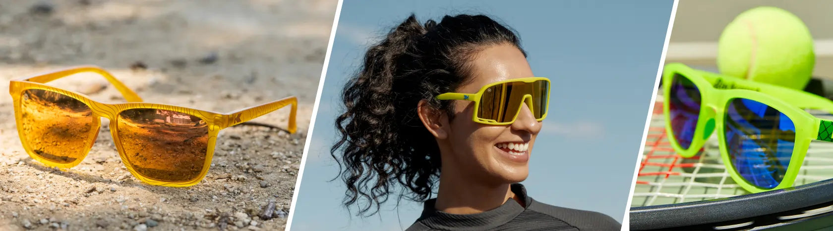 Yellow Sunglasses. Lifestyle photo of Desert Overlook Fast Lanes Sport and Backcourt Premiums Sport Sunglasses, Women wearing Rubberized High Voltage Campeones Sunglasses