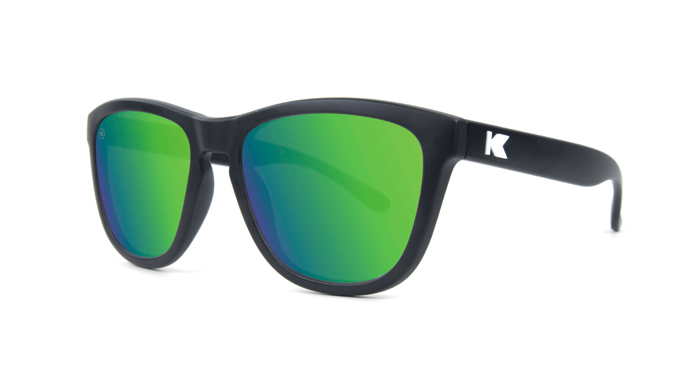 Kids Sunglasses with Matte Black Frames and Green Moonshine Mirrored Lenses, Threequarter