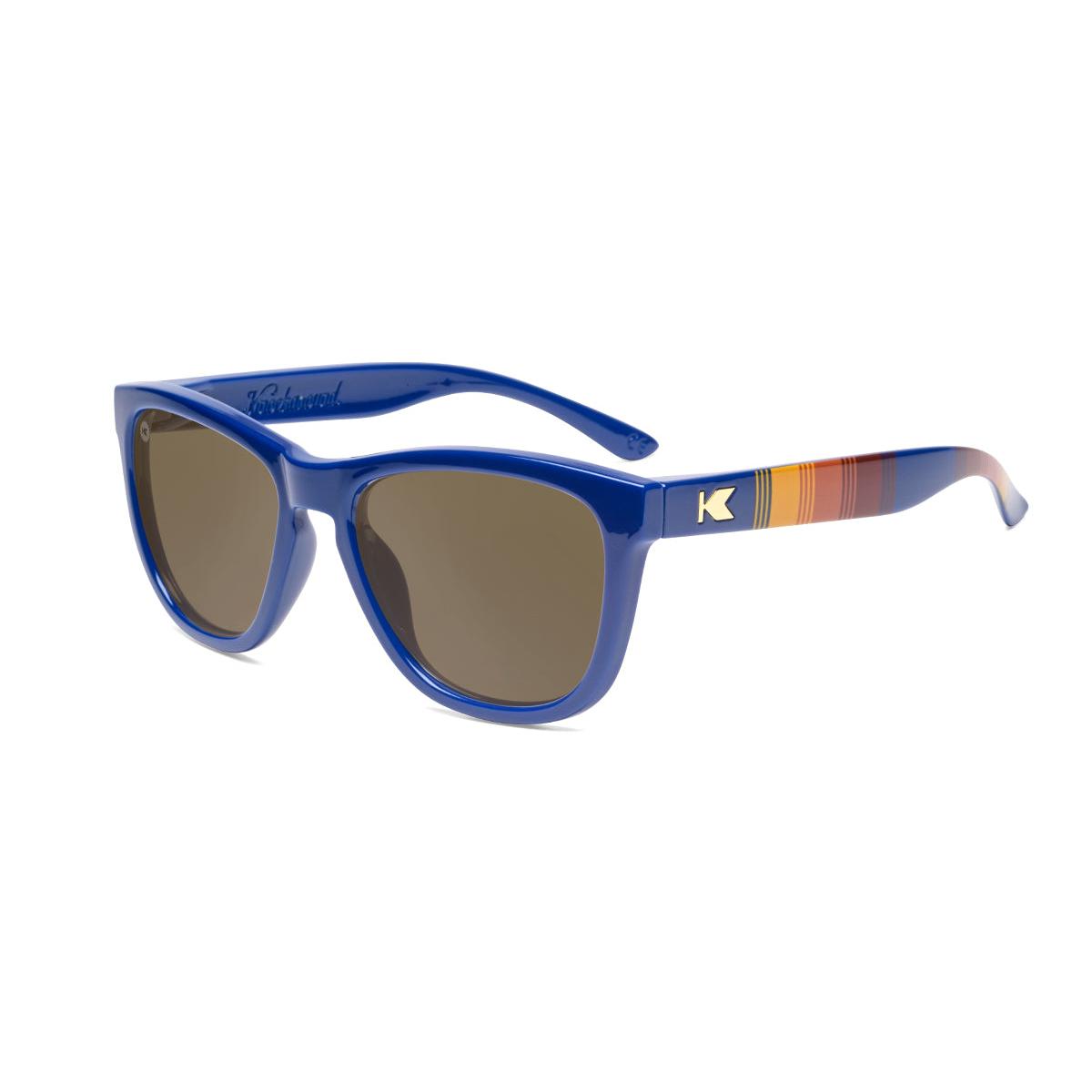 Sunglasses with Glossy Blue Frames and Polarized Amber Lenses, Flyover