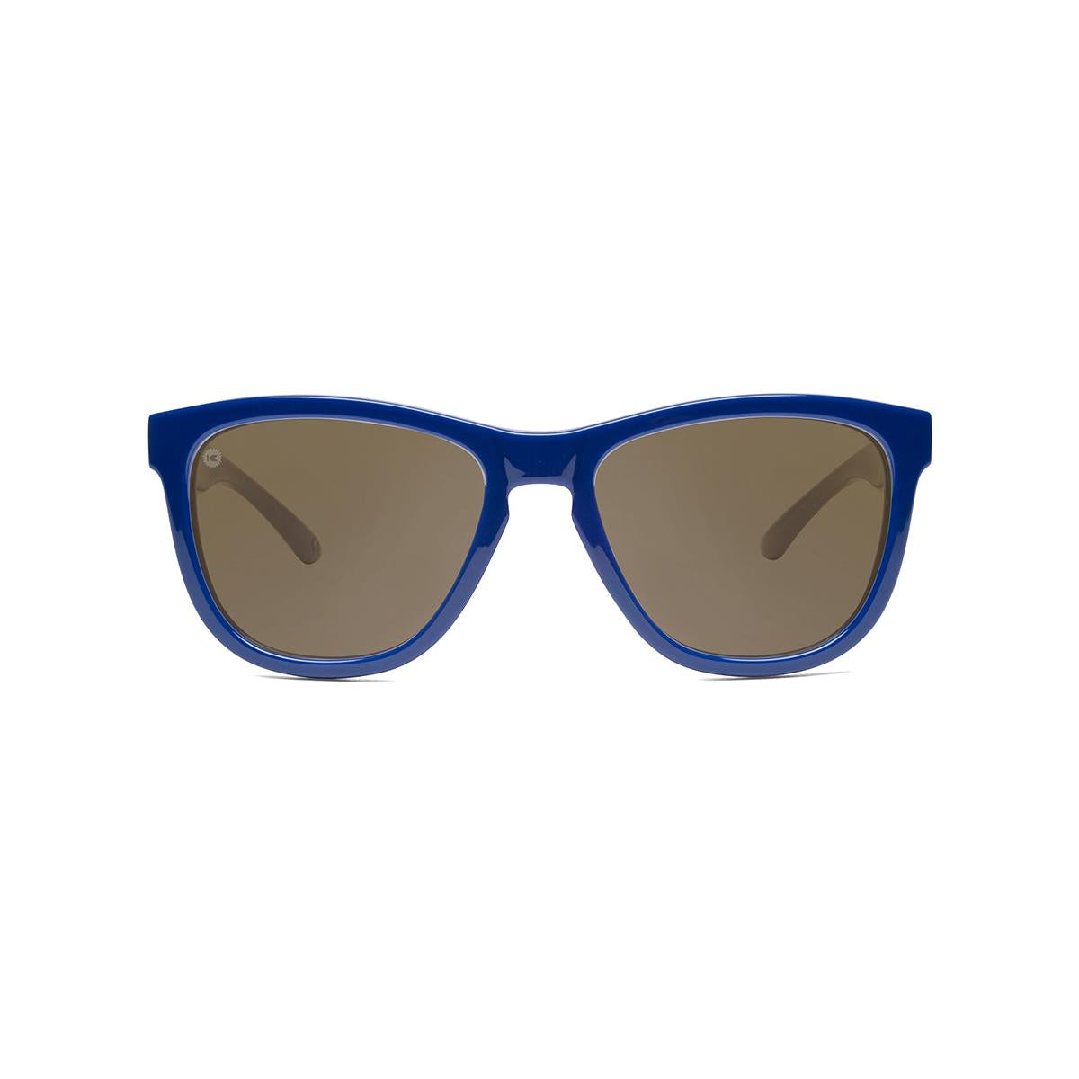 Sunglasses with Glossy Blue Frames and Polarized Amber Lenses, Front