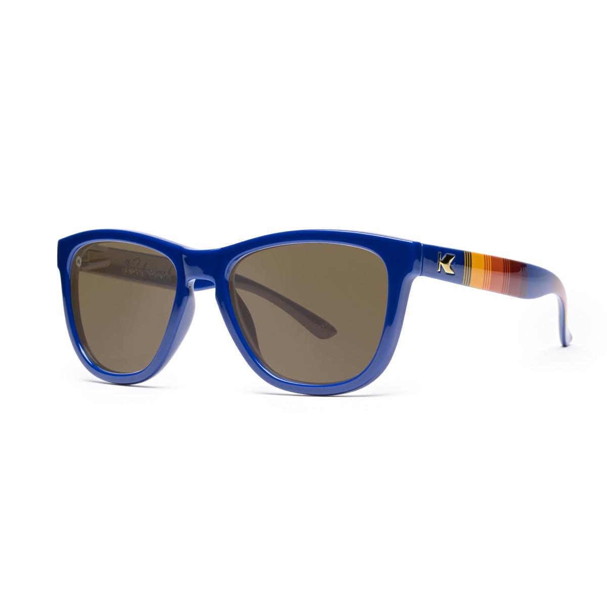 Sunglasses with Glossy Blue Frames and Polarized Amber Lenses, Threequarter
