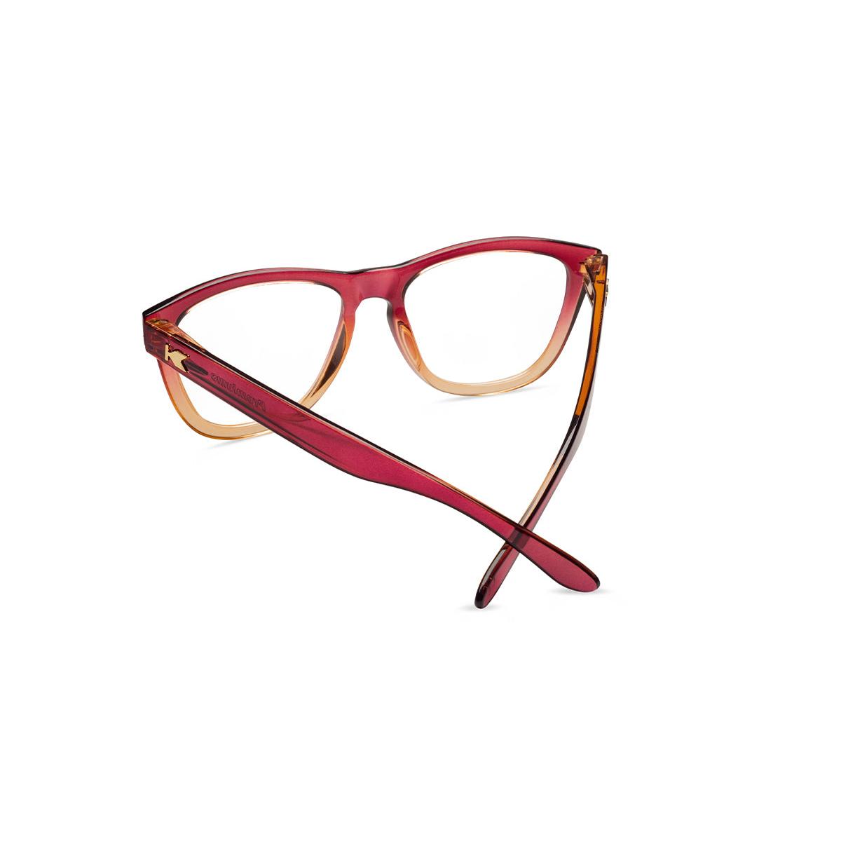 Knockaround Readers with Raspberry to creme beige frames and clear lenses, Back