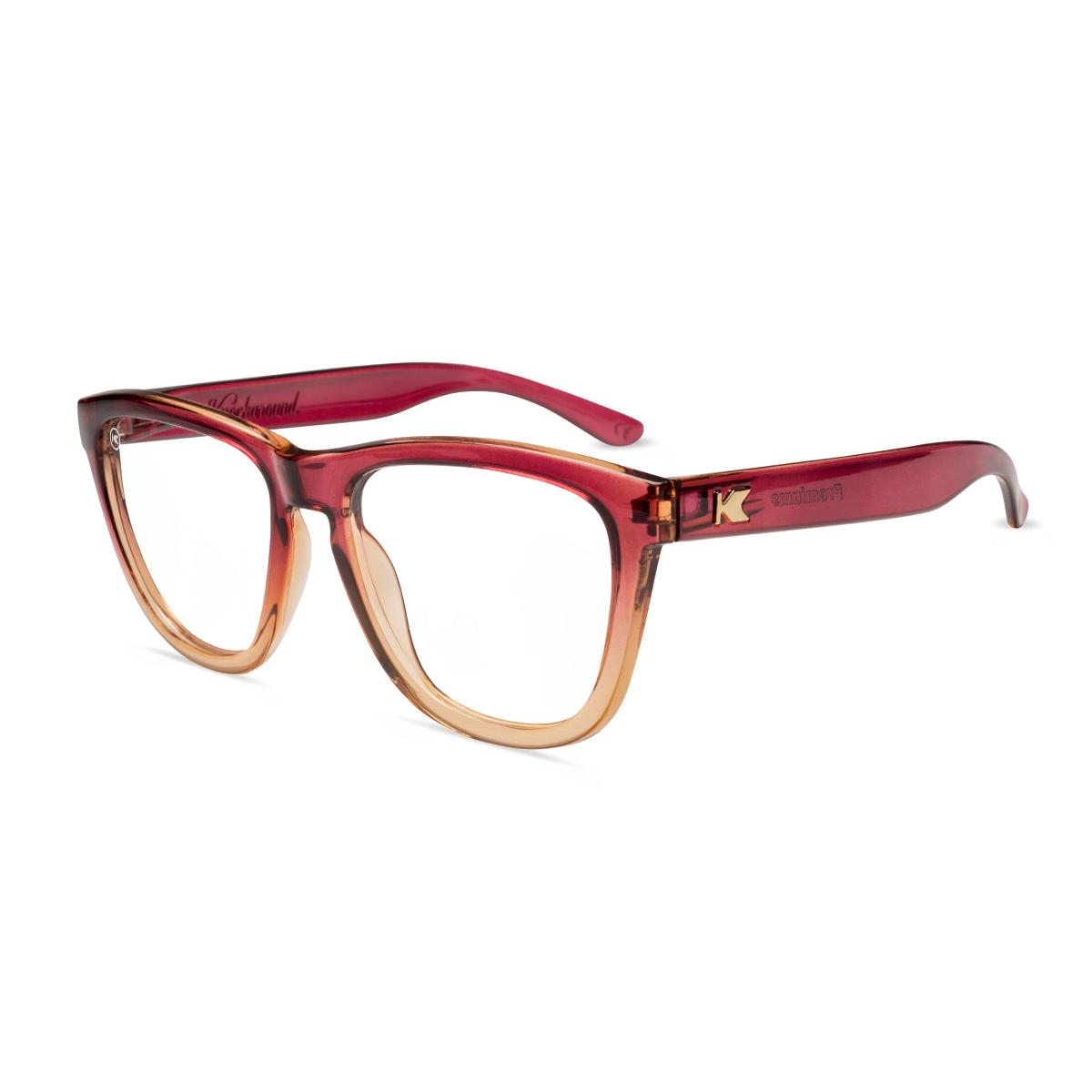 Knockaround Readers with Raspberry to creme beige frames and clear lenses, Flyover