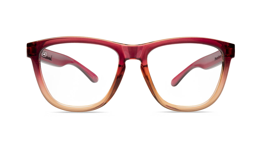 Knockaround Readers with Raspberry to creme beige frames and clear lenses, Front