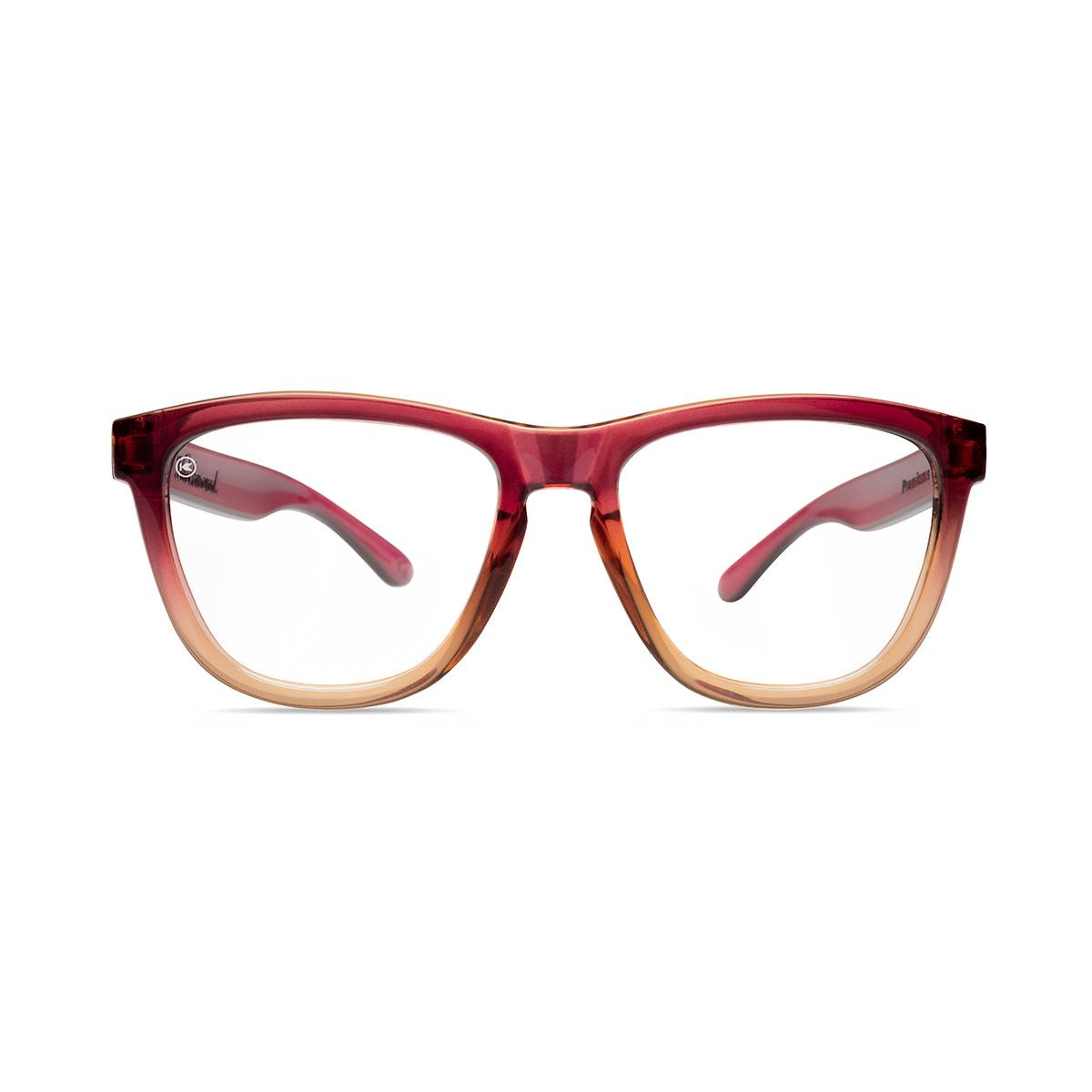 Knockaround Readers with Raspberry to creme beige frames and clear lenses, Front