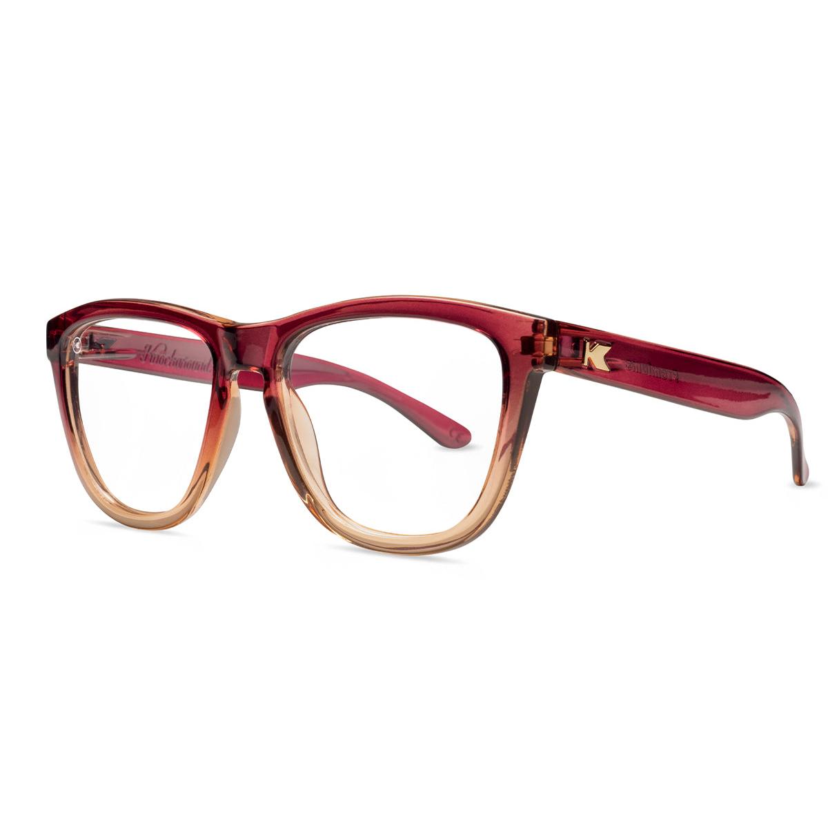 Knockaround Readers with Raspberry to creme beige frames and clear lenses, Threequarter