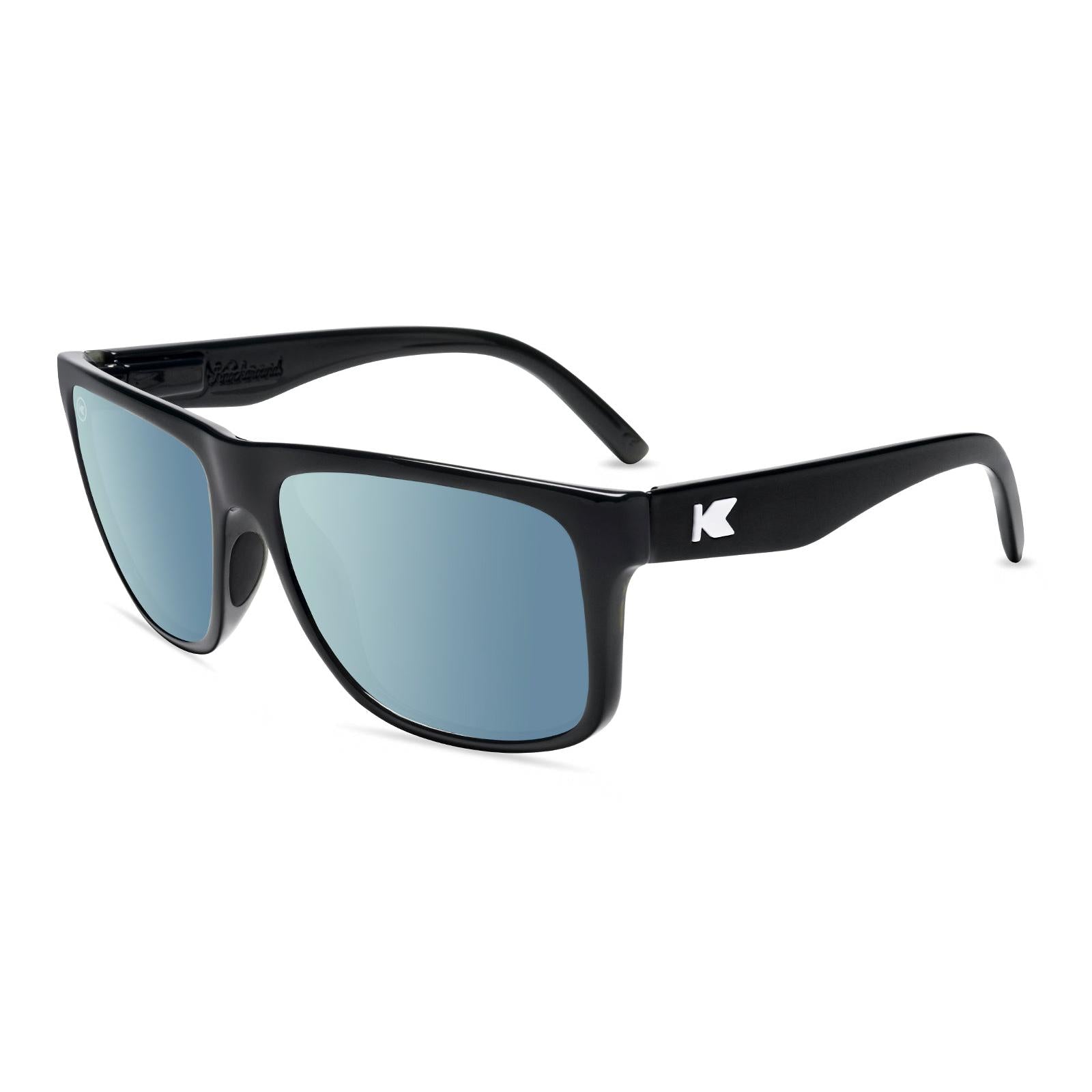 Sunglasses with Glossy Black Frames and Polarized Sky Blue Lenses, Flyover