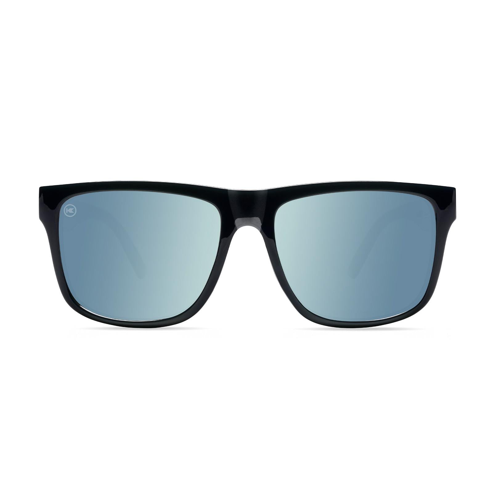 Sunglasses with Glossy Black Frames and Polarized Sky Blue Lenses, Front
