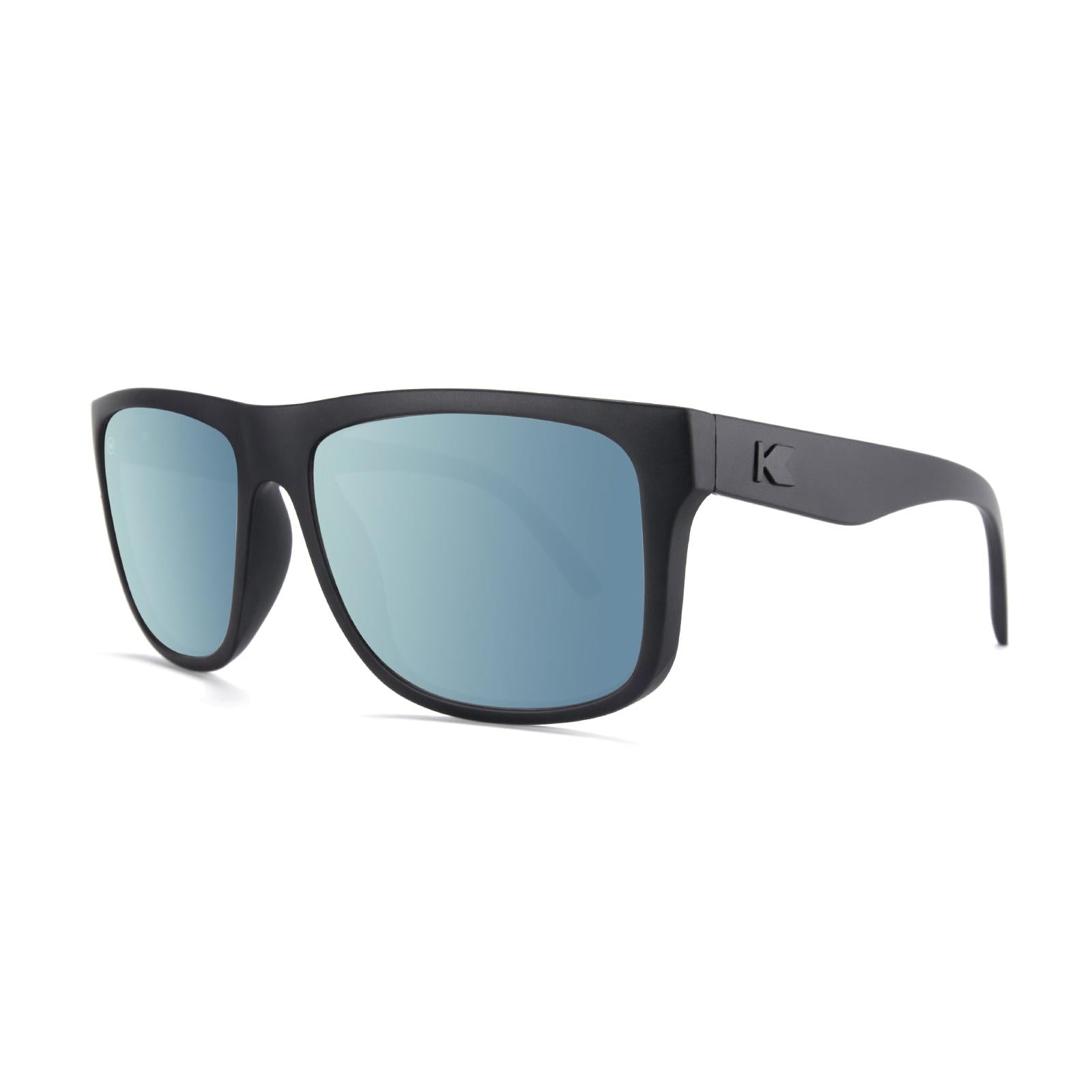 Sunglasses with Matte Black Frames and Polarized Sky Blue Lenses, Threequarter