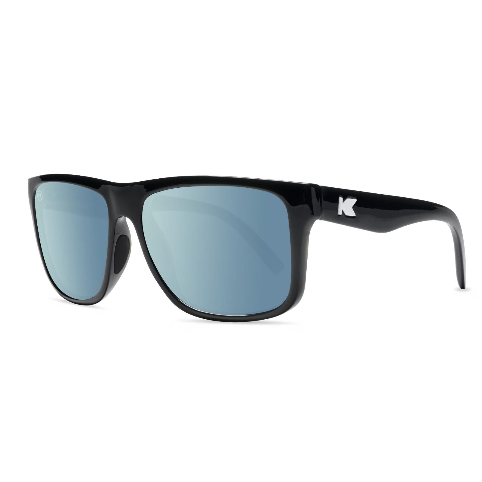 Sunglasses with Glossy Black Frames and Polarized Sky Blue Lenses, Threequarter