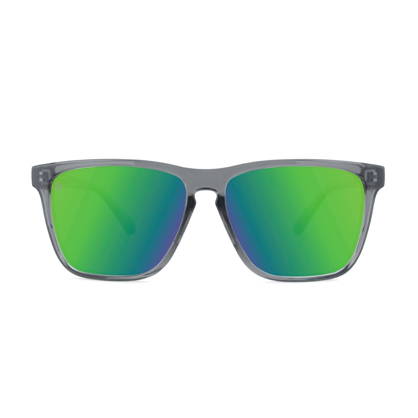 Sport Sunglasses with Clear Grey Frame and Polarized Green Moonshine Lenses, Front