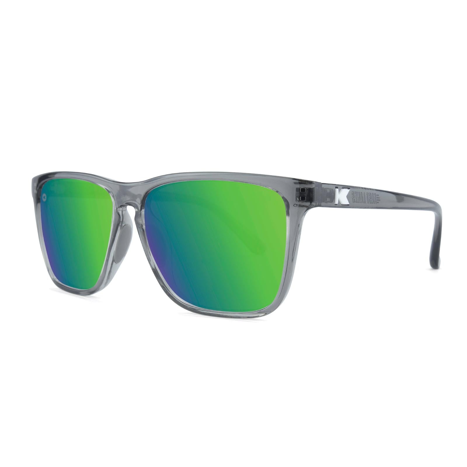 Sport Sunglasses with Clear Grey Frame and Polarized Green Moonshine Lenses, Threequarter
