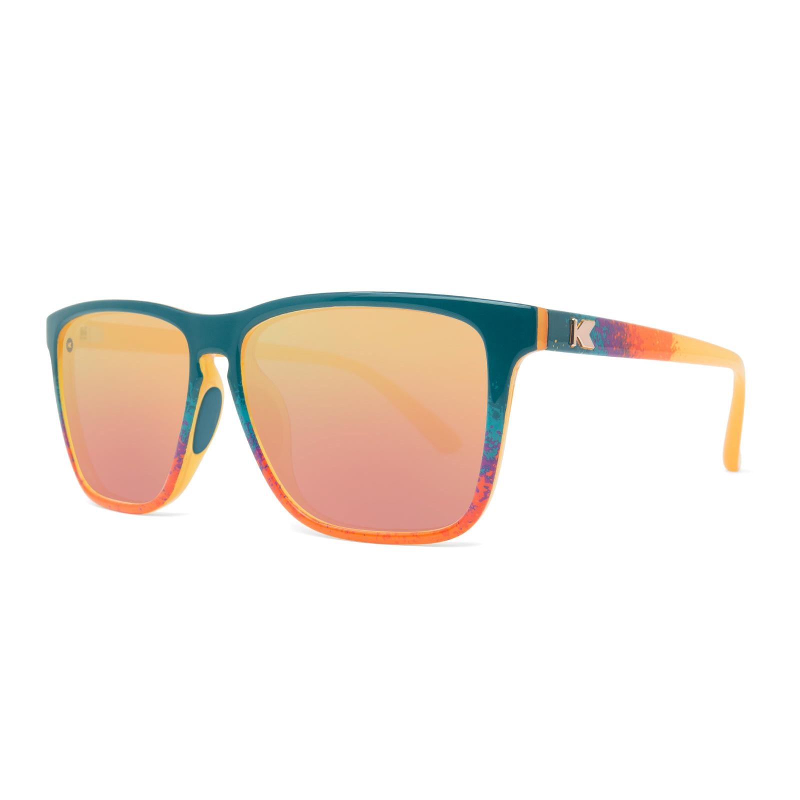 Sunglasses with Speckled Sunset Frames and Polarized Rose Gold Lenses. Threequarter