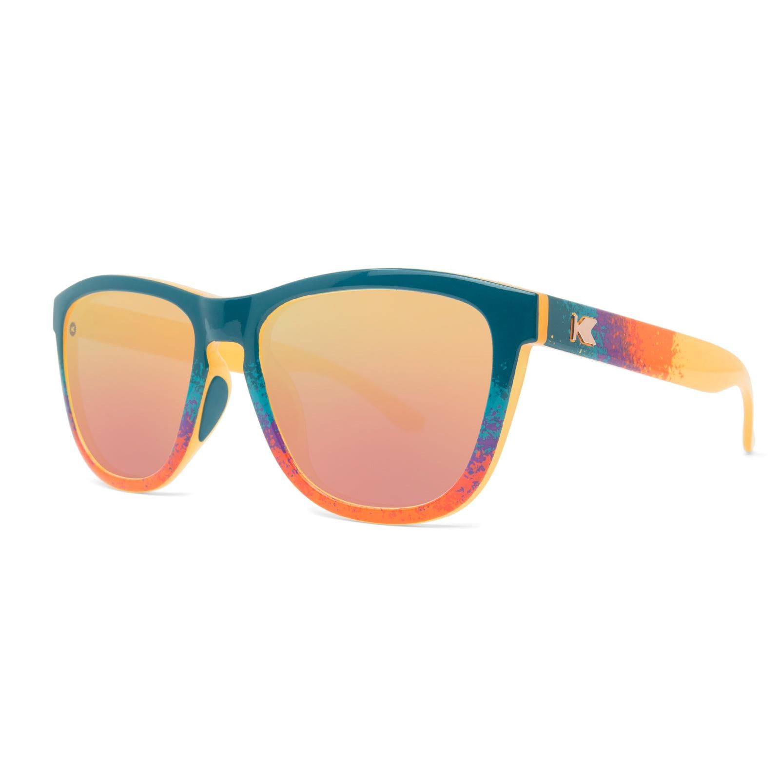 Sunglasses with Speckled Sunset Frames and Polarized Rose Gold Lenses.  Threequarter