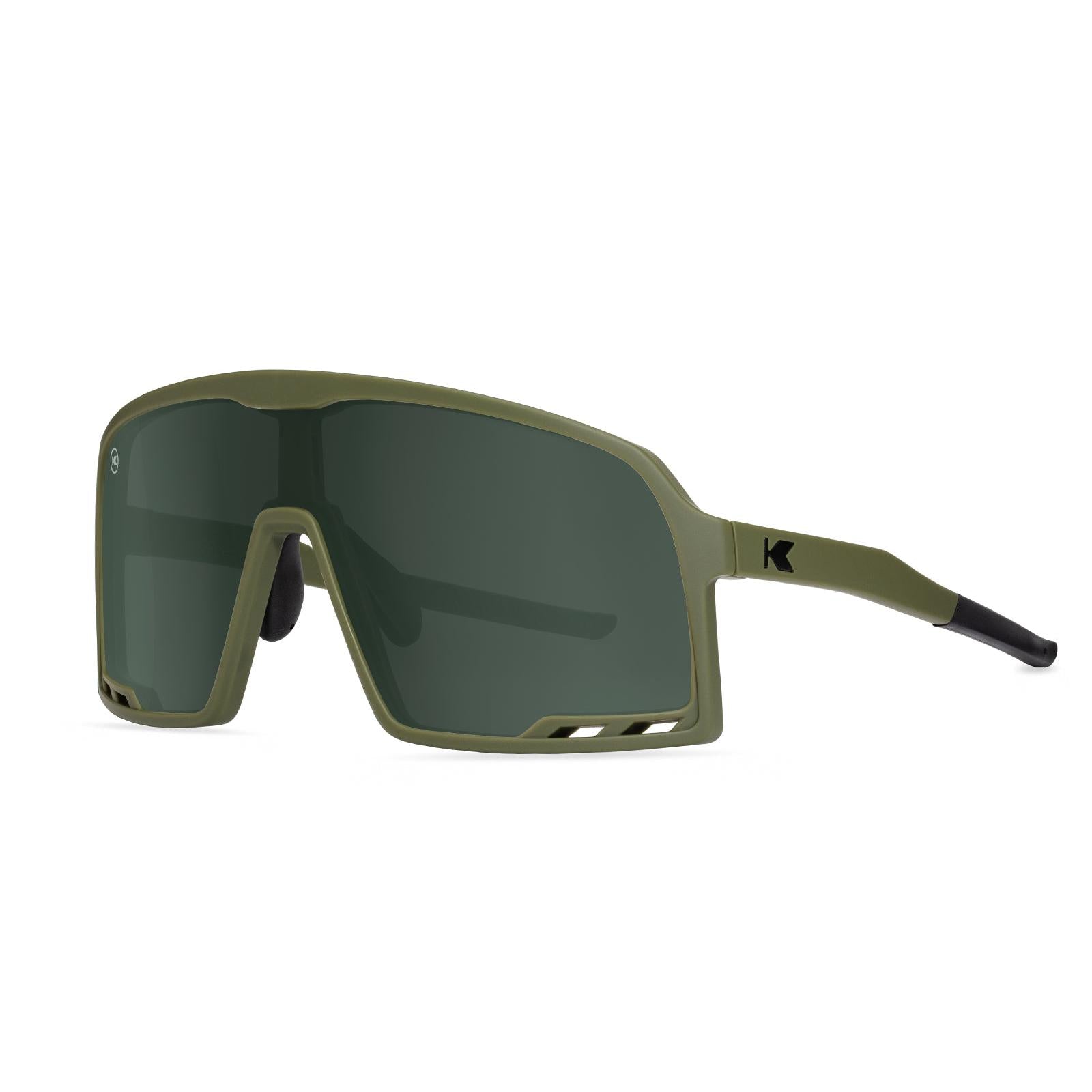 Knockaround Sport Sunglasses with Army Green Frames and Aviator Green Lenses, Threequarter