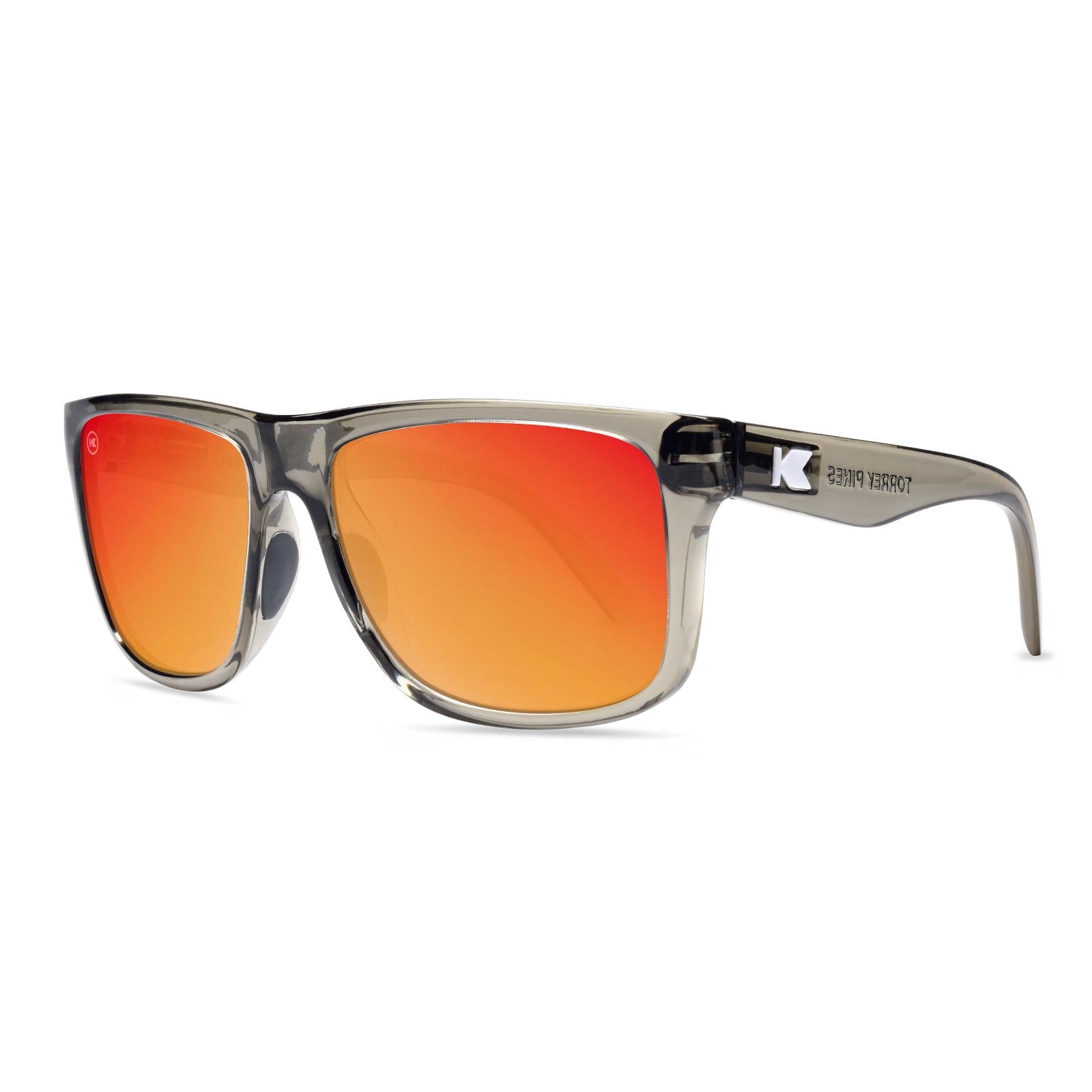 Sunglasses with Clear Grey Frames and Polarized Red Sunset Lenses, Threequarter