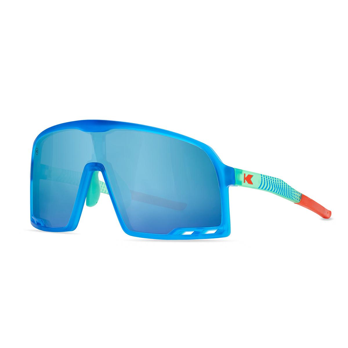 Sport Sunglasses with Blue Rubberized Frames and Polarized Aqua Lenses, Threequarter