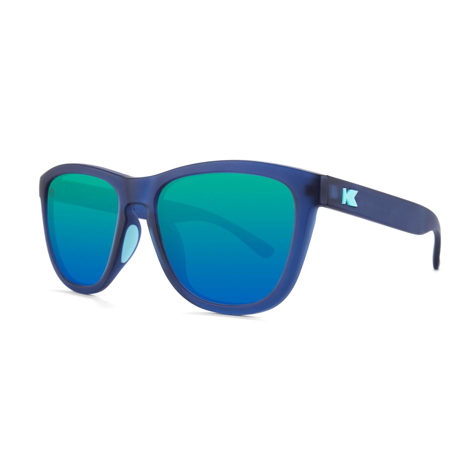 Sunglasses with Navy Frames and Polarized Mint Green Lenses, Threequarter