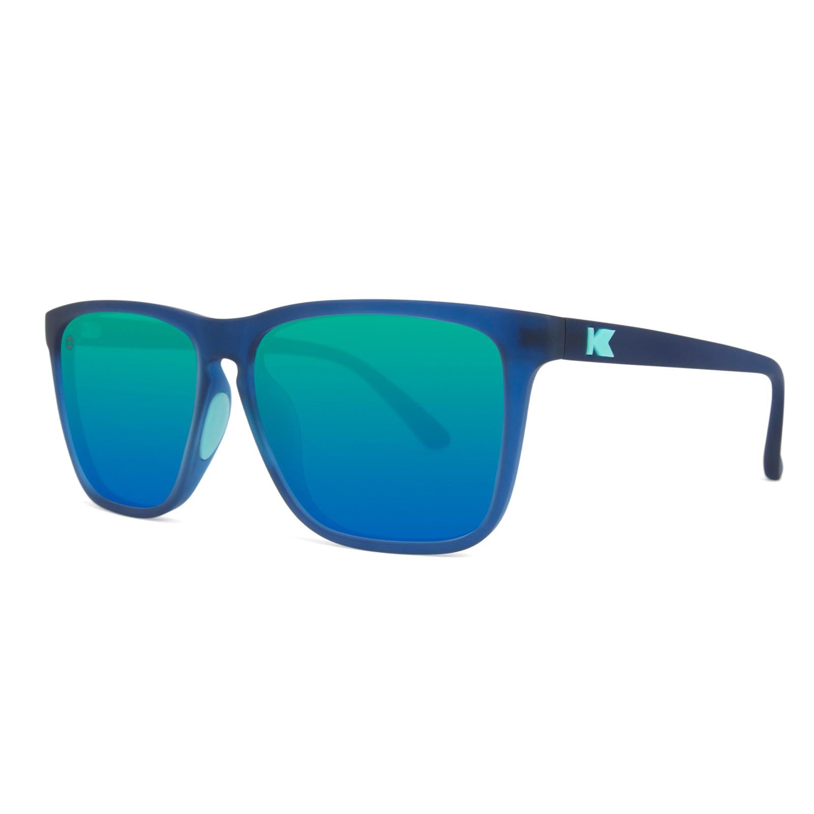 Sunglasses with Navy Frames and Polarized Mint Green Lenses, Threequarter
