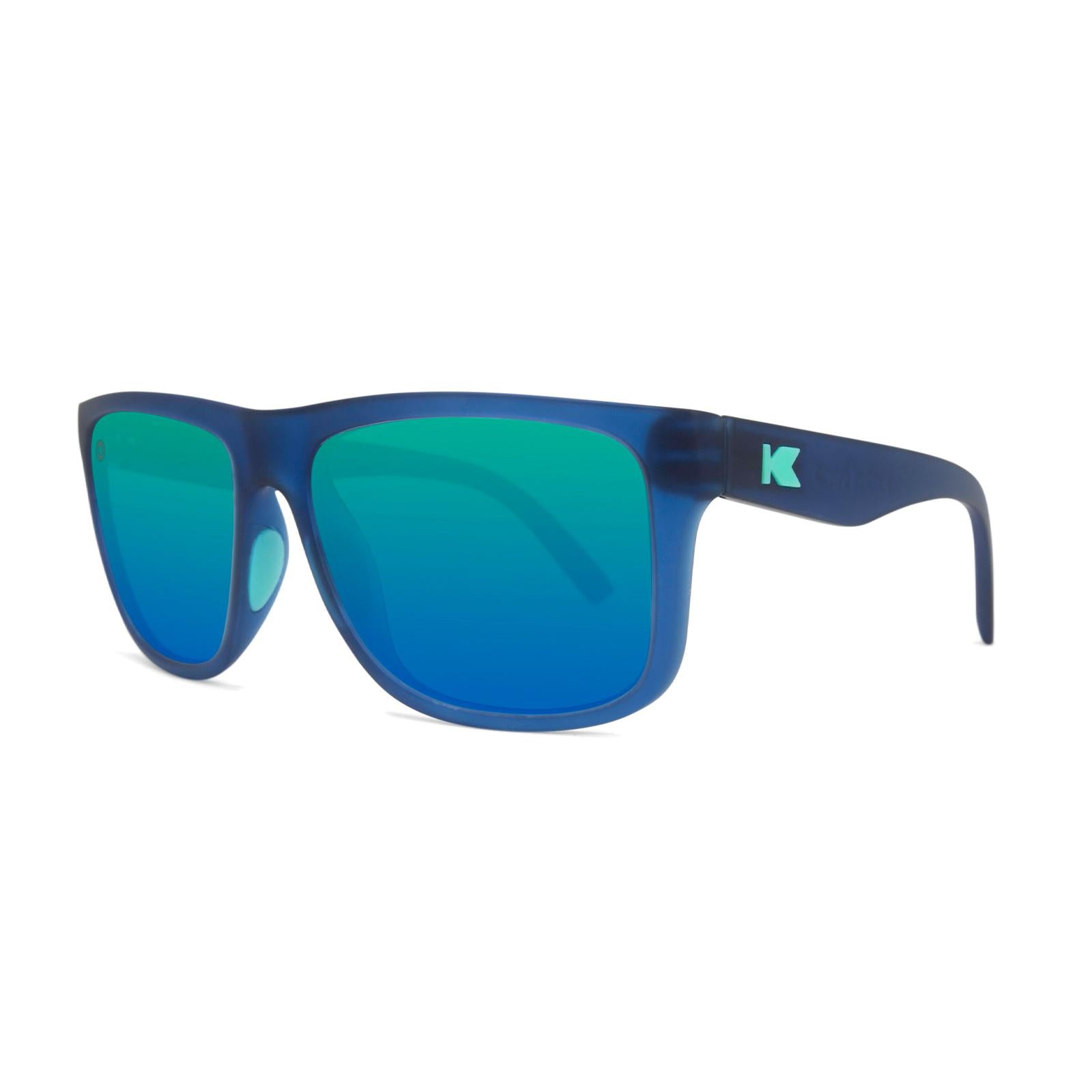 Sunglasses with Navy Frames and Polarized Green Lenses, Threequarter