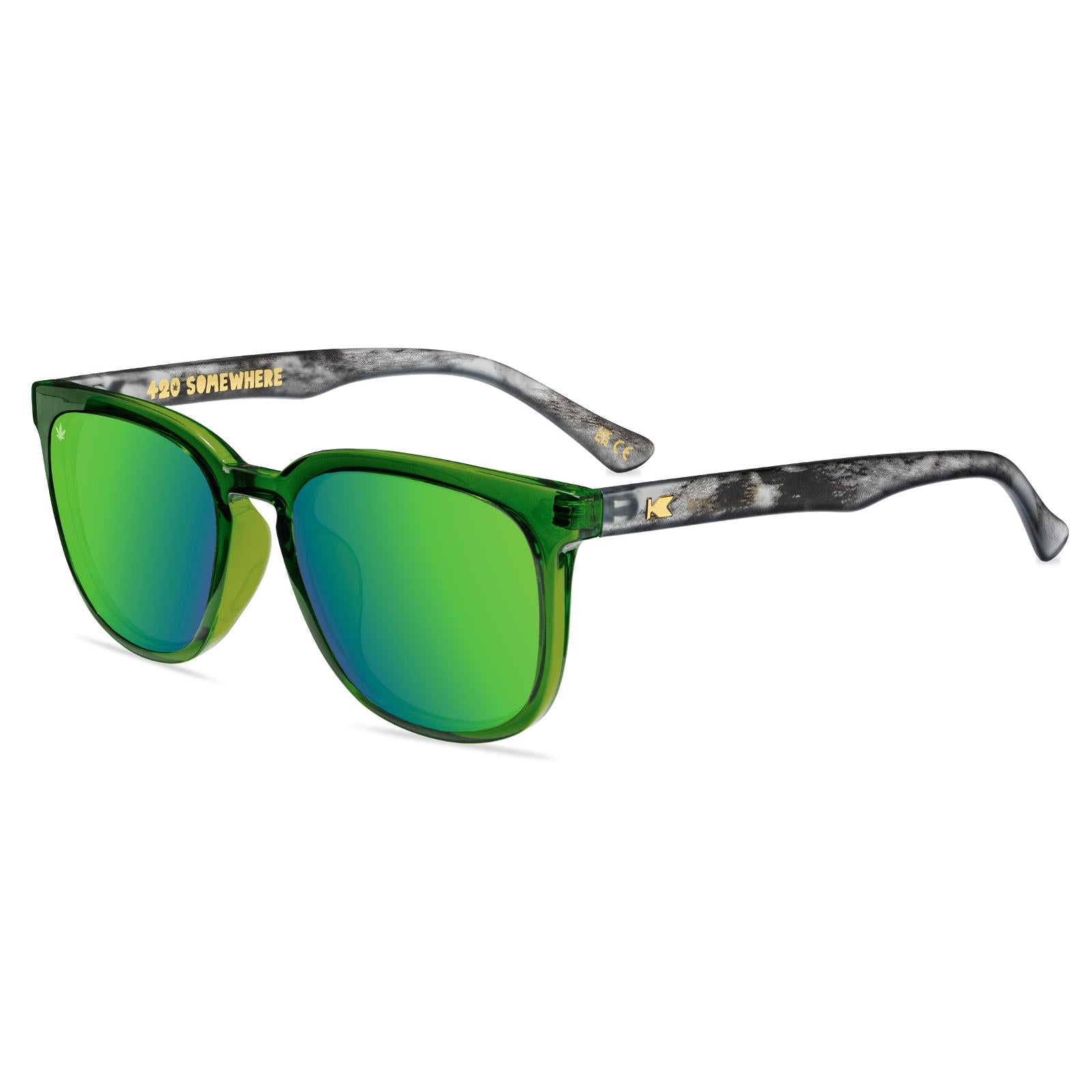 Sunglasses with Emerald haze front frame Translucent smoke puff arms Polarized ganja green lenses