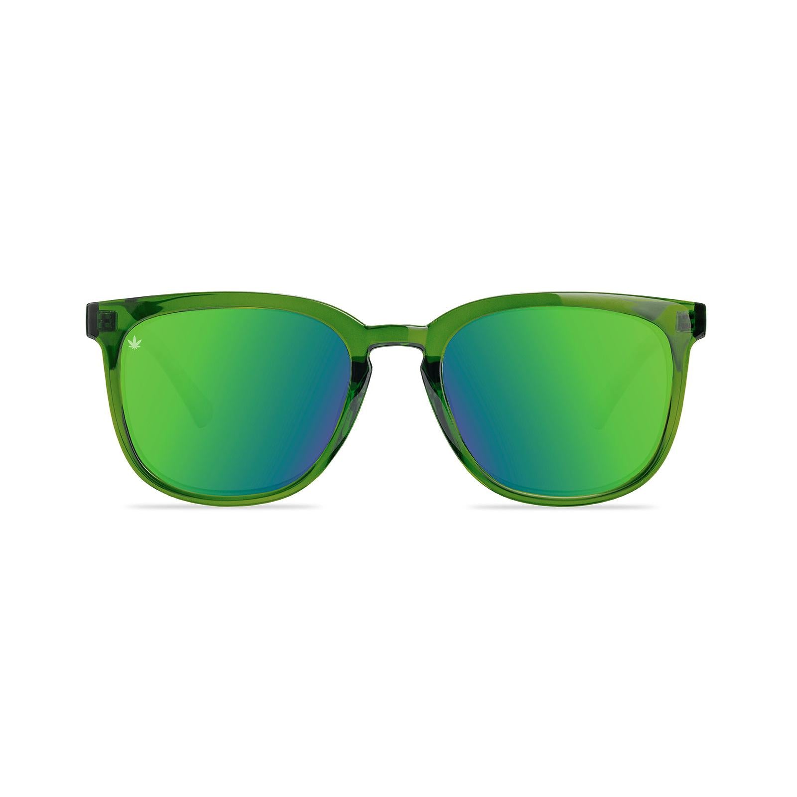 Sunglasses with Emerald haze front frame Translucent smoke puff arms Polarized ganja green lenses