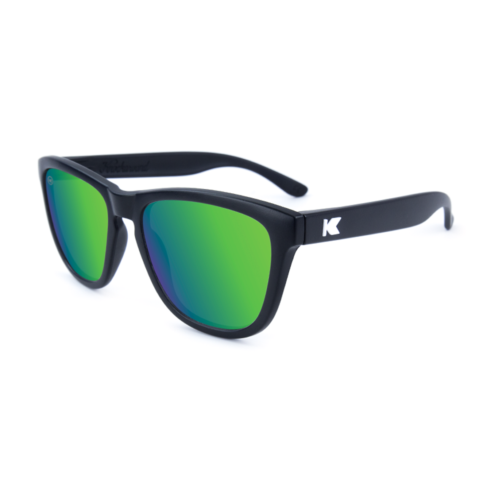 Sunglasses with Matte black frames White K logos Polarized green moonshine mirrored lenses